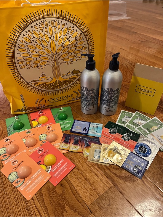 Other - L'Occitane Sample Set w/ 2 New 17oz metal pump bottles
